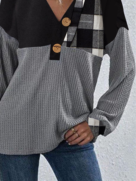 Women Long Sleeve V-neck Plaid Button Top