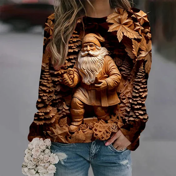 Comstylish Wood Carving Santa Claus Print Crew Neck Sweatshirt