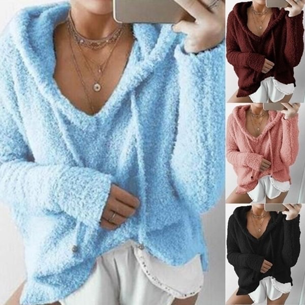 Women's Winter Fashion Solid Color Solid Color Furry Loose Cardigan Pullover Long Sleeve Loose Cuff Hooded Sweater Tops - Shop Trendy Women's Fashion | TeeYours