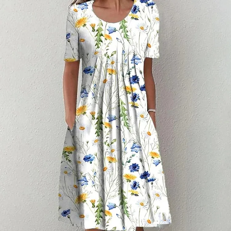 Floral Print Pocket Mid-Length Tunic Dress VangoghDress