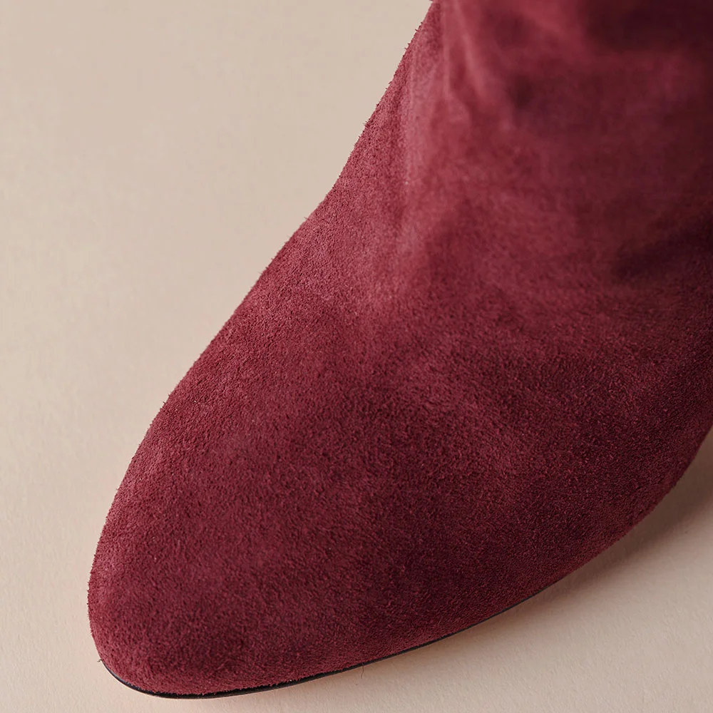Burgundy Vegan Suede Round Toe Chunky Heel Knee High Boots
