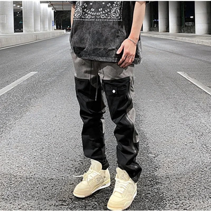 Ankle Zipper Color Block Streetwear Straight Casual Cargo Pants for Men Drawstring Harajuku Oversize Hip Hop Loose Trousers