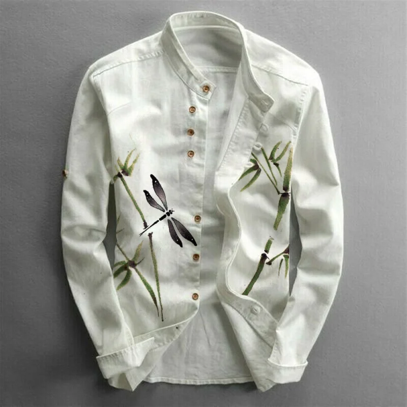 Men's Dragonfly Printed Standing Neck Casual Long Sleeve Shirt