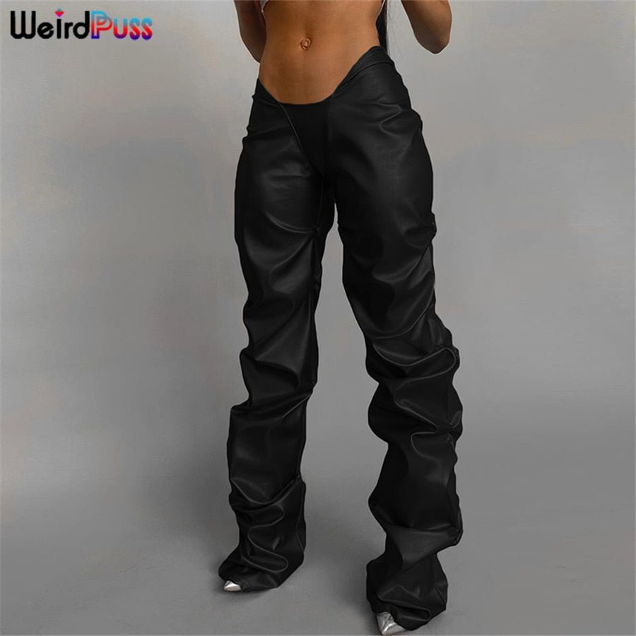 Weird Puss V-Shaped Low Waist Y2K Pants Women 2021 Fashion Stacked Faux Leather Trousers Casual Wild Hot Street Skinny Bottoms