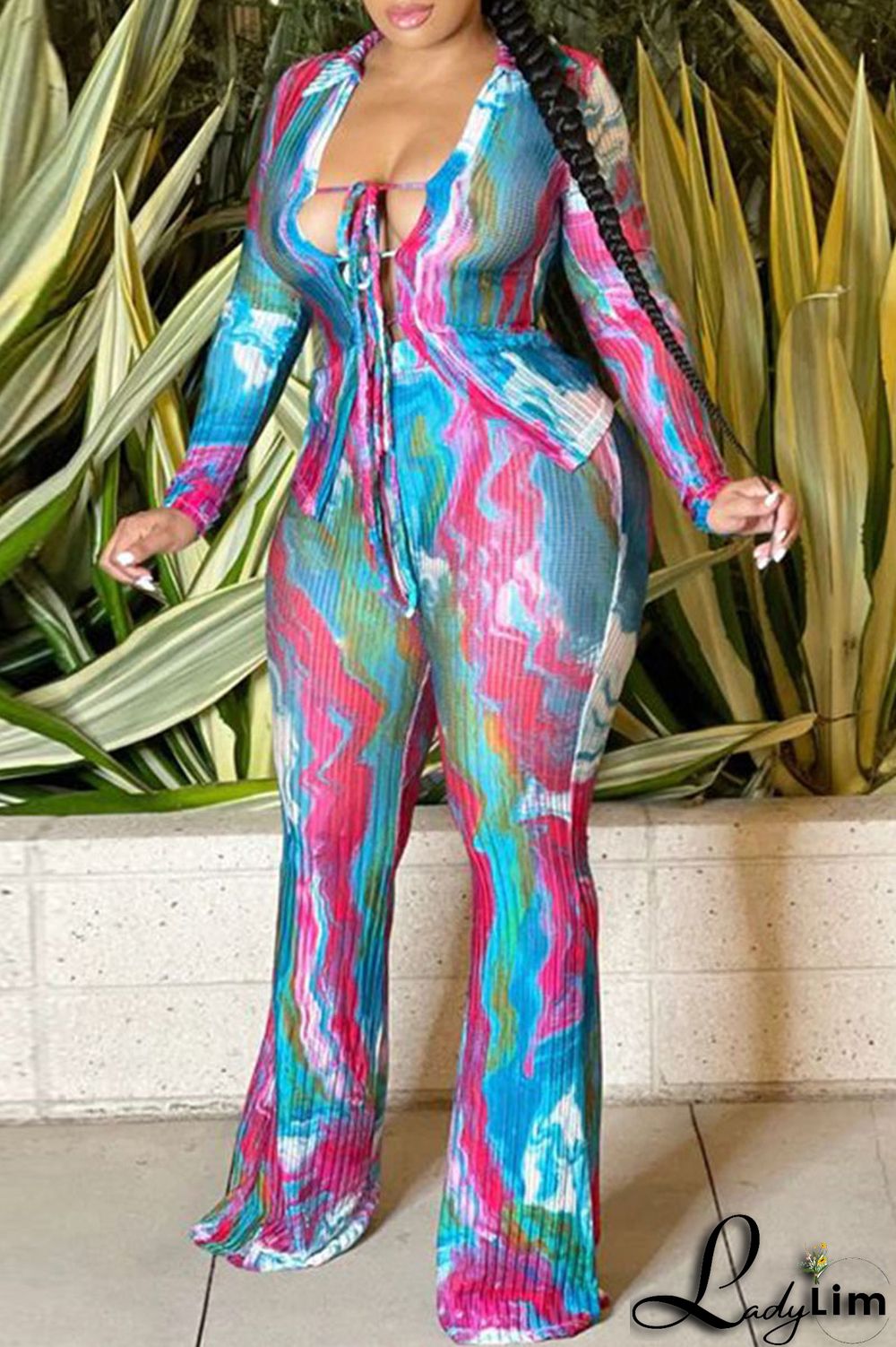 Blue Sexy Print Bandage Patchwork Turndown Collar Long Sleeve Two Pieces