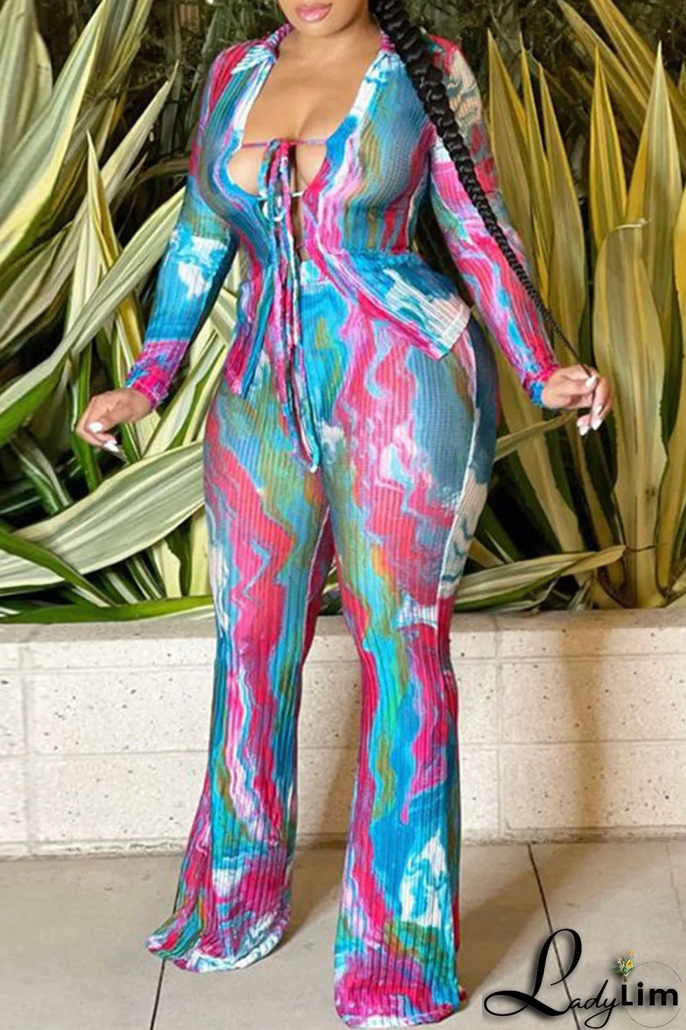 Blue Sexy Print Bandage Patchwork Turndown Collar Long Sleeve Two Pieces