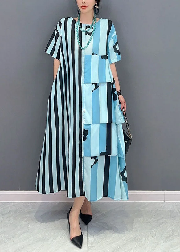 French Blue Oversized Patchwork Striped Cotton Dresses Short Sleeve