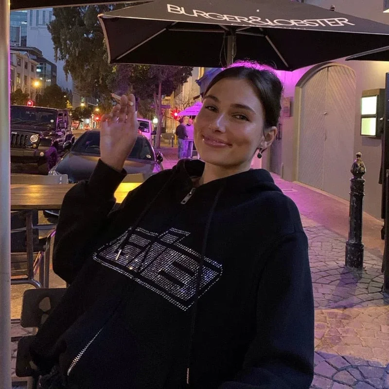 Y2K Fashion Rhinestone Hoodies Women Hip Hop Joggers Sweatshirt Korean Oversized Zipper Sport Coat Ladies Gothic Jacket Pullover