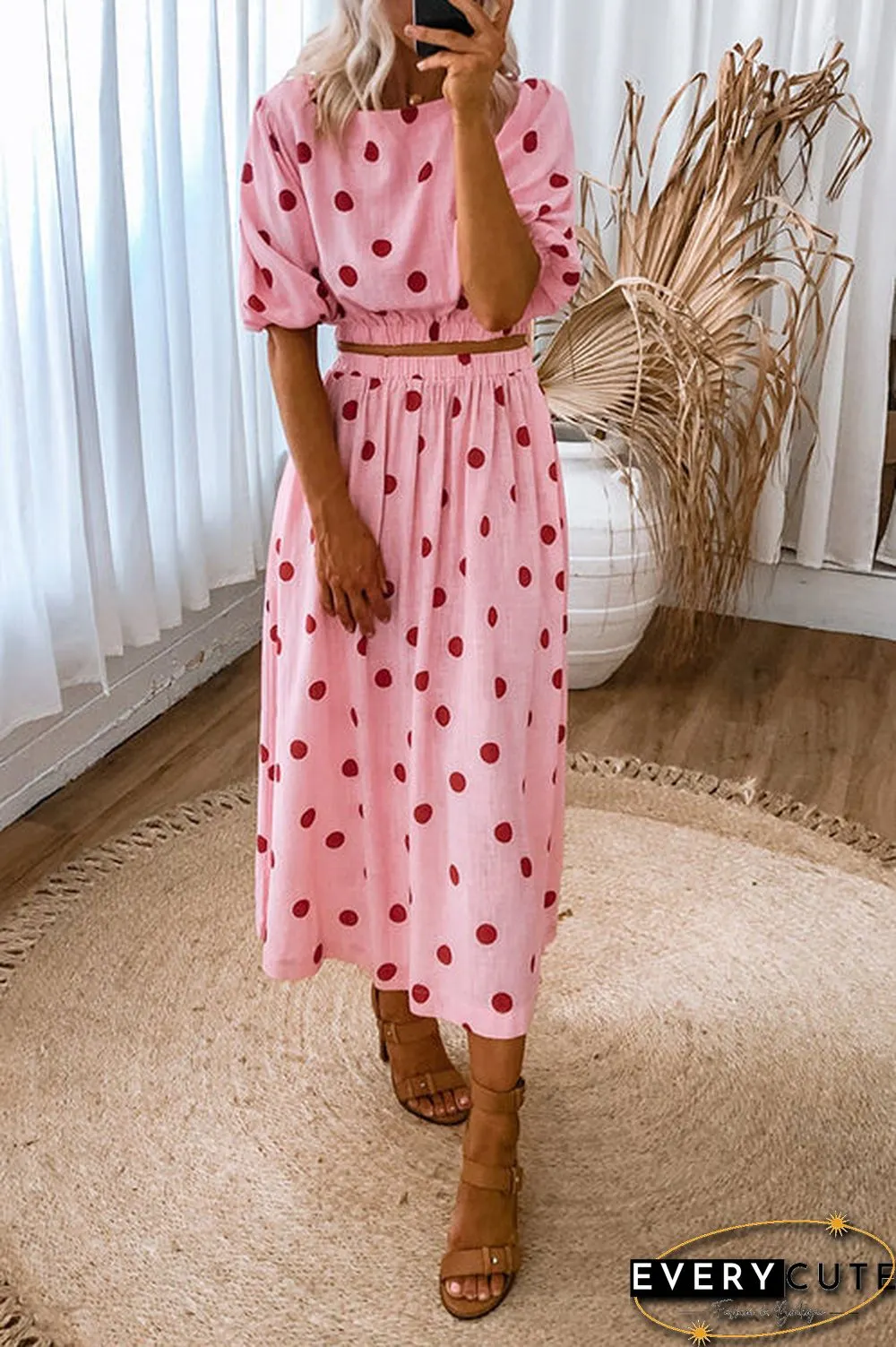 Polka Dot Puff Sleeve Maxi Skirts Set