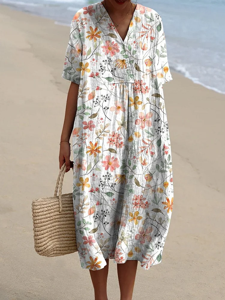 Sweet Watercolor Floral Repeat Pattern Printed Women's Flowy Dress