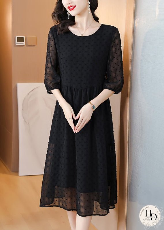 Style Black O Neck Jacquard Chiffon Long Dresses Lantern Sleeve