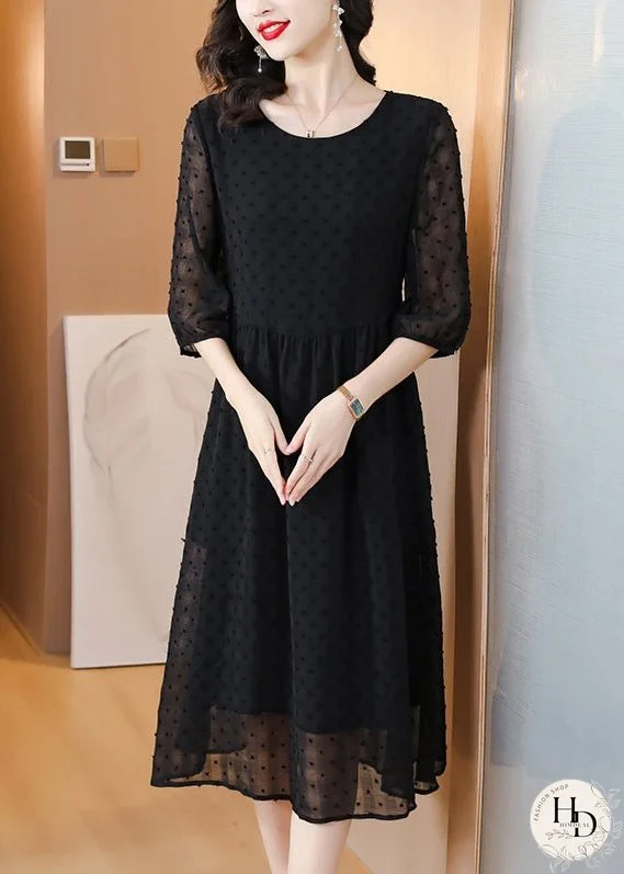 Style Black O Neck Jacquard Chiffon Long Dresses Lantern Sleeve
