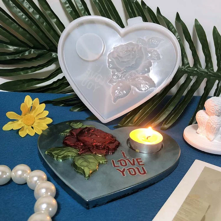 Valentine's Day Relief Rose Heart Candle Holder Resin Mold CrazyMold