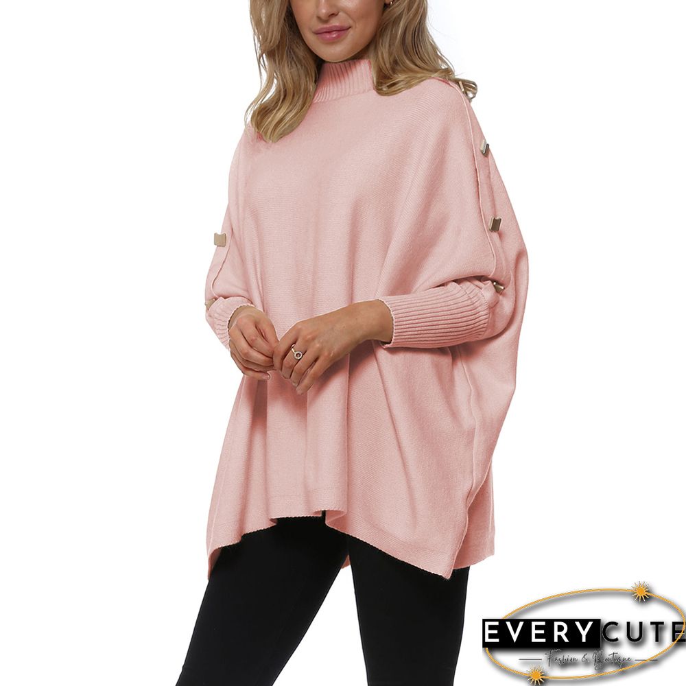 Light Pink Bat Sleeve Button Shoulder High Collar Sweater