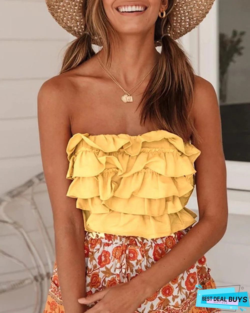 Tube Ruffles Lace-Up Floral Print Dress