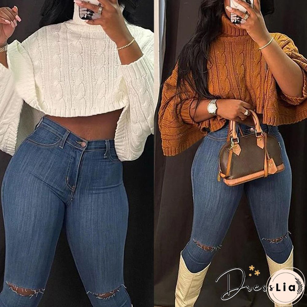 Solid Color Turtleneck Bat Sleeve Sweater Crop Top