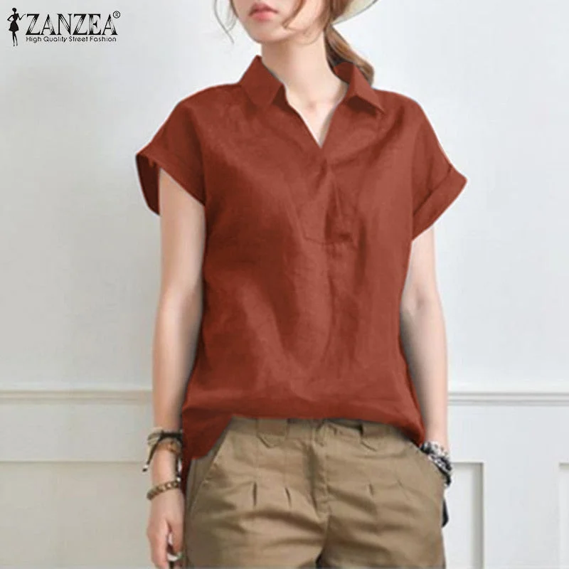 ZANZEA Summer Elegant Lapel Neck Solid Blouse Women Short Sleeve Solid Cotton Tops Casual Loose Blusas OL Work Shirt Oversize