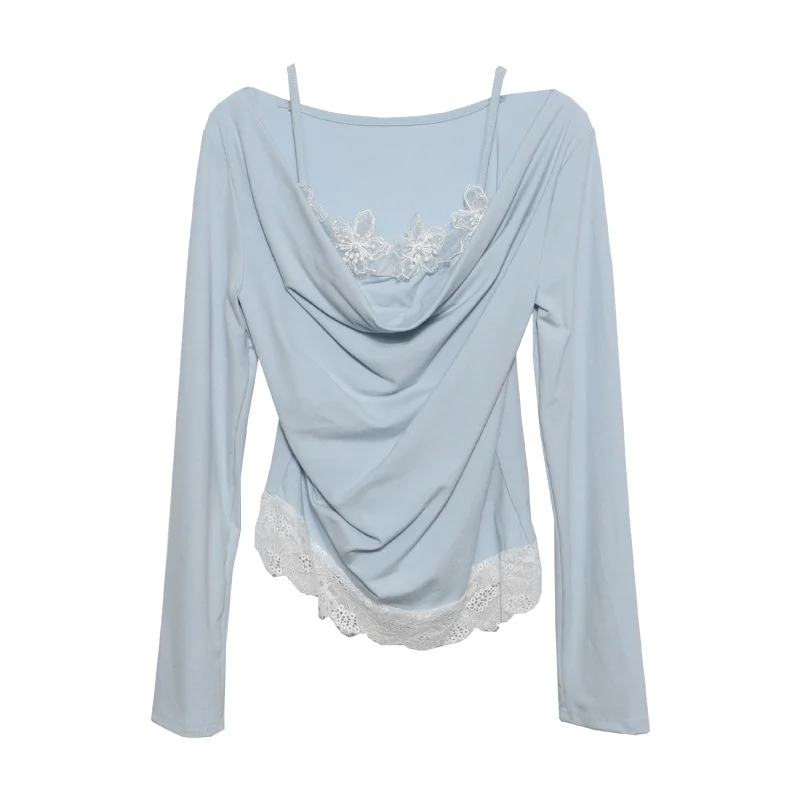 Nigikala Nigikala Autumn Fake Two Lace Lace Collar Folding Long Sleeves Slimming Bottom T-Shirt Top Woman 2532