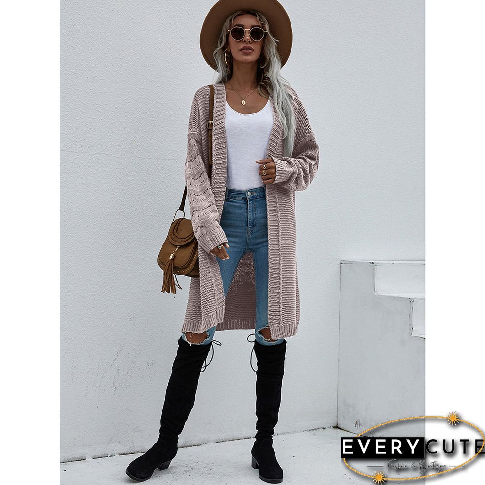 Solid Cameo Open Front Knitted Long Cardigan