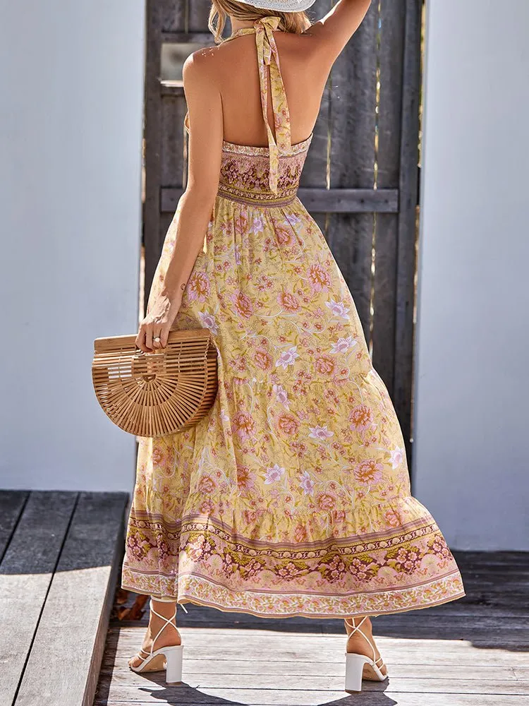 Bohemia Style Printed Casual Halter Maxi Dress