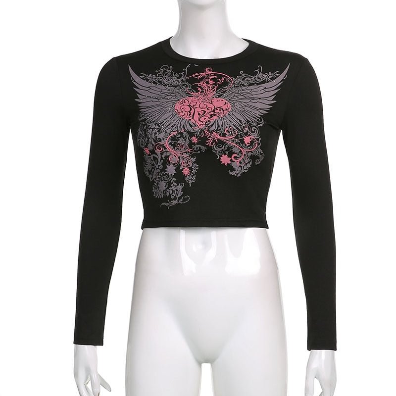 Sweetown Goth Black Woman Tshirts Diamond Heart Print Cute Graphic Girl Baby Tee New Fashion Long Sleeve Slim Autumn Tops Crop