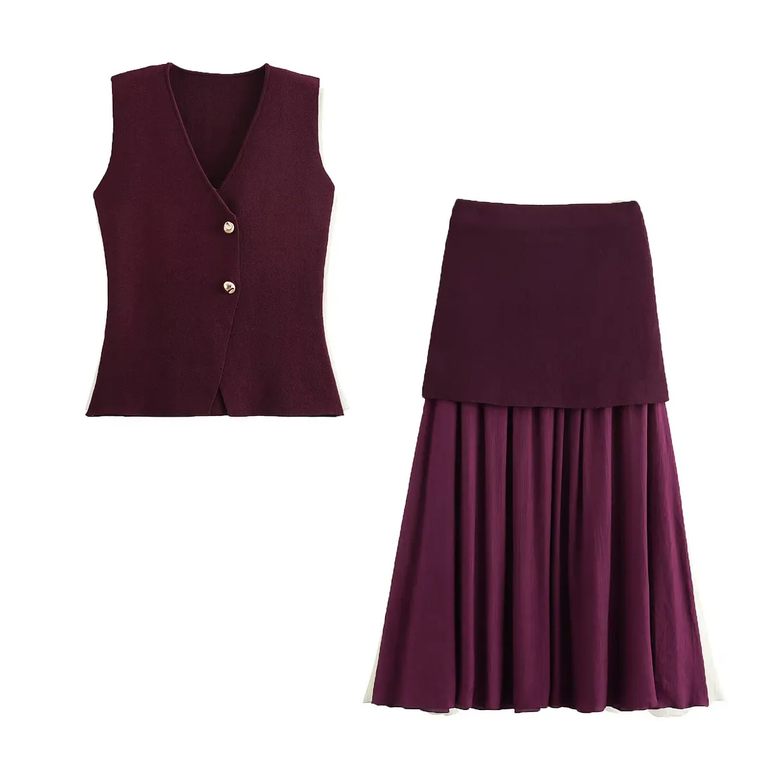 Nigikala Nigikala Women's 2025 Summer New V-Neck Gold Button Knitted Vest + Folding Skirt Suit