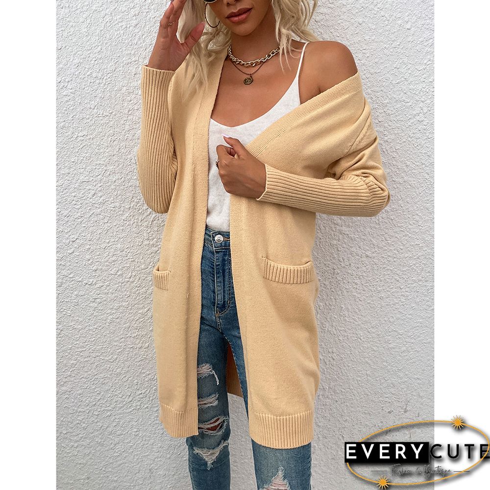 Solid Apricot Knitted Long Cardigan with Pockets
