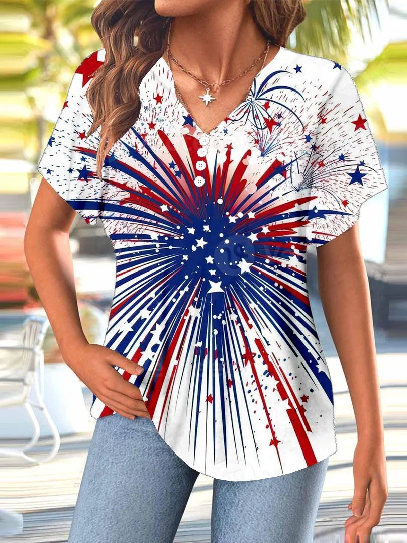 Women Short Sleeve V-neck National Flag Printed Graphic Button Tops