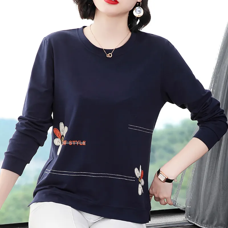 Floral Letter Embroidery Long Sleeve Shirt Women Spring Autumn T-Shirts Loose Clothes