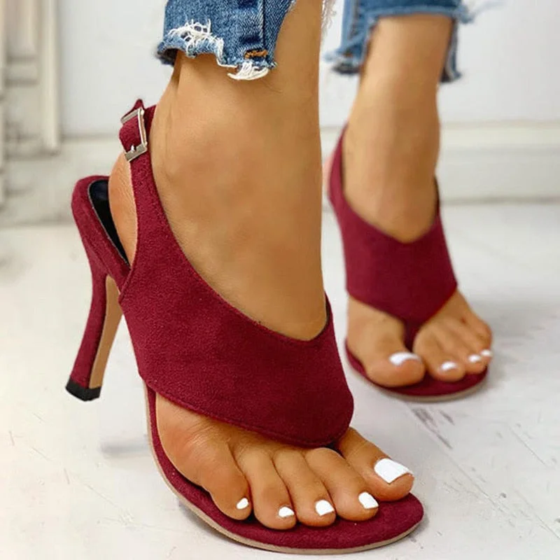 2023 New Ladys Summer Sandals Thin High Heels Solid Sexy Women Shoes Pumps Wine Red Casual Medium Sandals Shoes