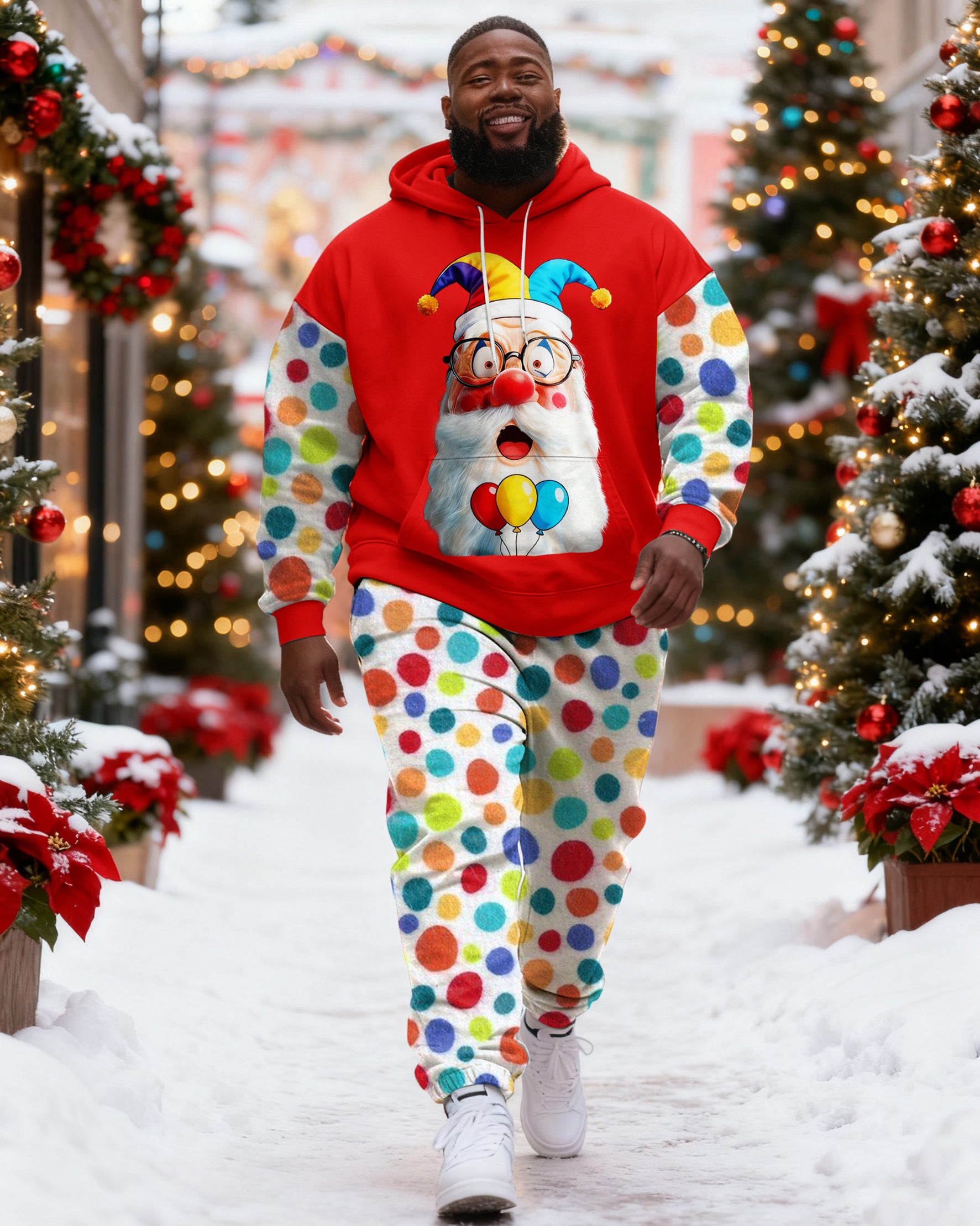 Big & Tall Men's Christmas Polka Dot Clown Santa Claus Hoodie Set