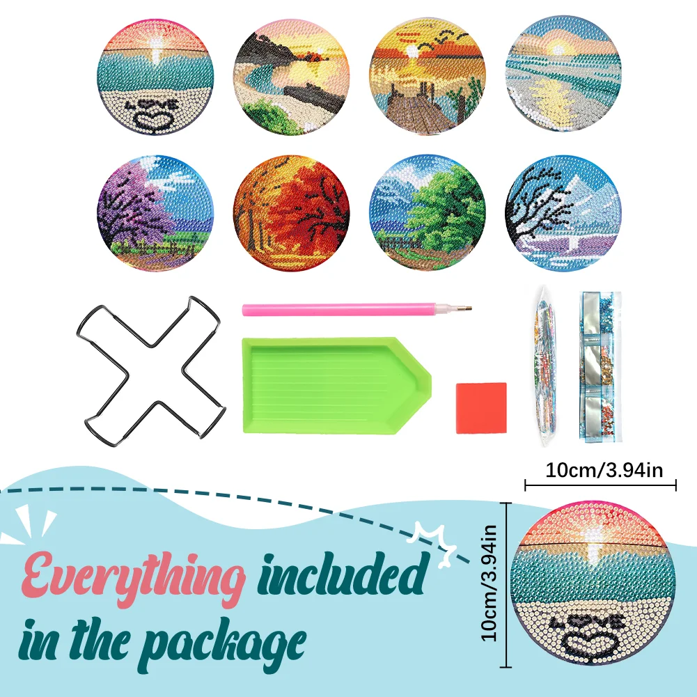 8pcs DIY Sunrise Diamond Painting Art Coaster Kit Special Shape Drill Diamond Painting
