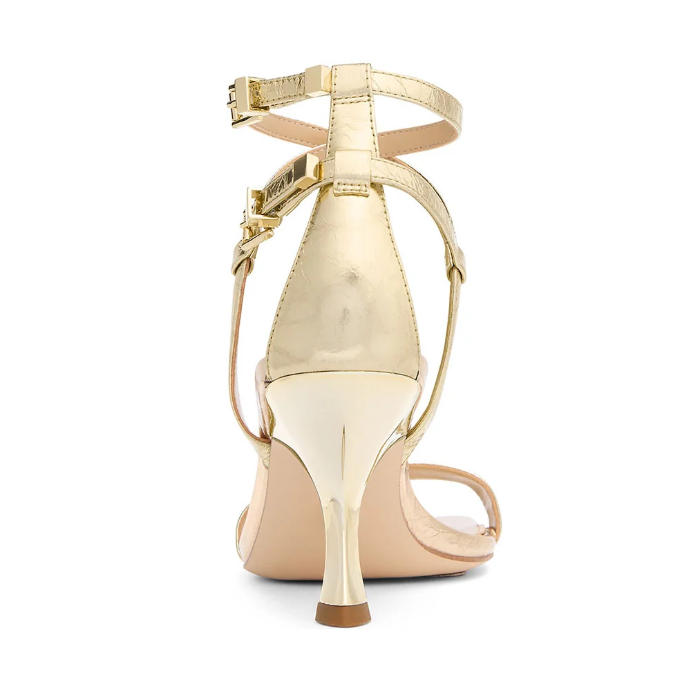 Gold Square Toe 3 Inch Heel Ankle Strap Women's Sandals with Buckle