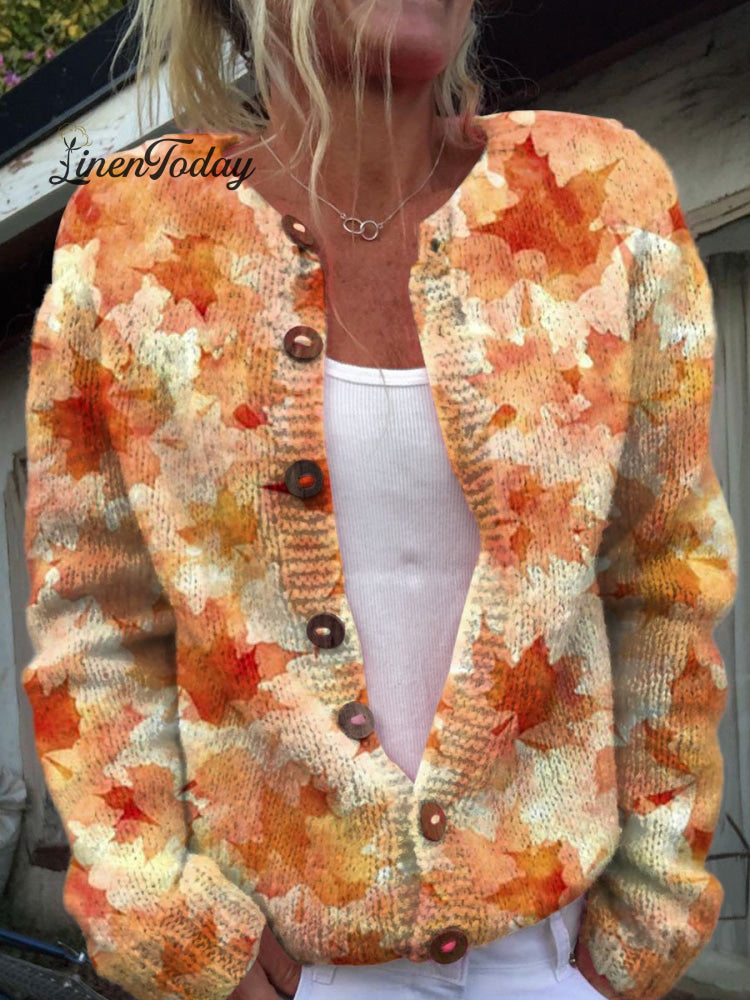 Maple Leaf Autumn Art Print Buttoned Cardigan Sweater Multicolor / S