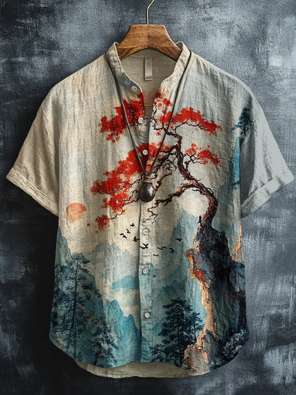 Men's Natural Scenery Sunrise And Sunset Watercolor Art Print Short Sleeve Shirt