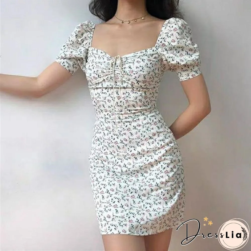 Summer Dress Retro Boho Women Tie Neck Floral Print Mini Sexy White Dress Elegant Puff Sleeve Dresses