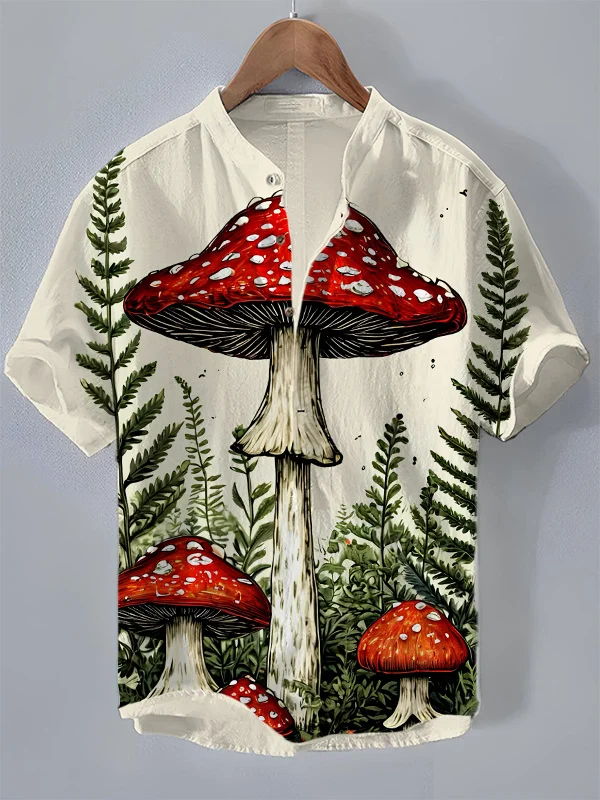 Men's Hippie Mushroom Print Half Button Shirt