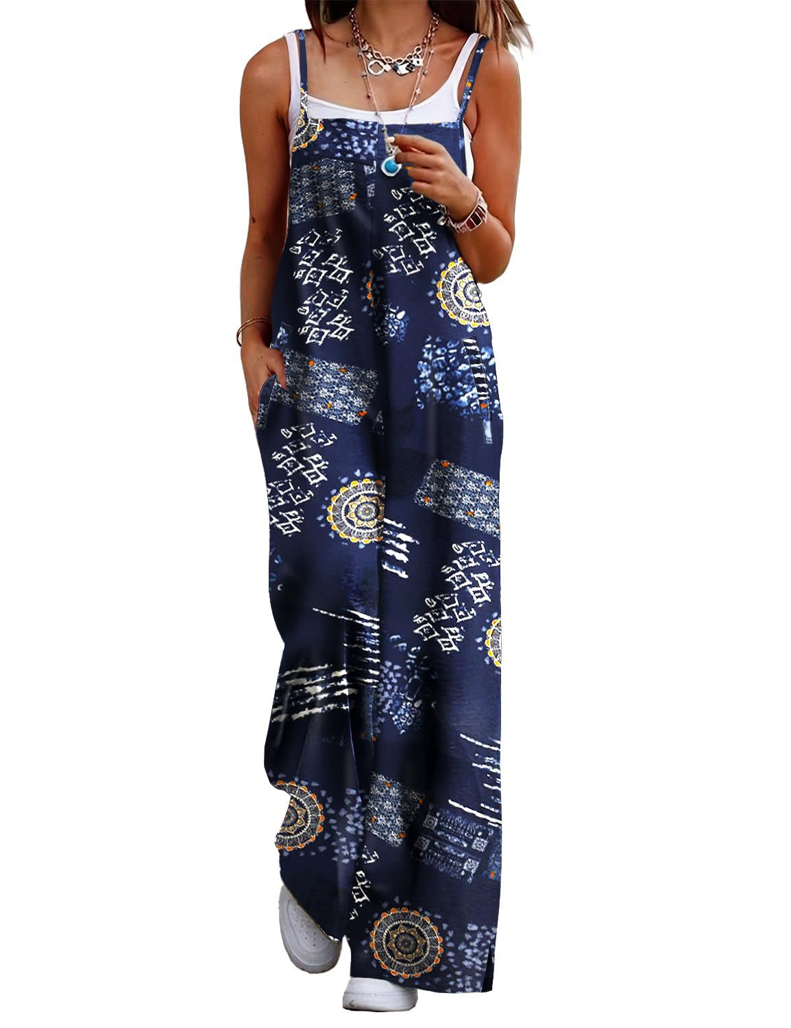 Cczzt Casual Loose Print Pocket Beach Holiday Jumpsuit Women Fashin Sleeveless Spaghetti Summer Wide Leg Pant Rompers Ladies 2025