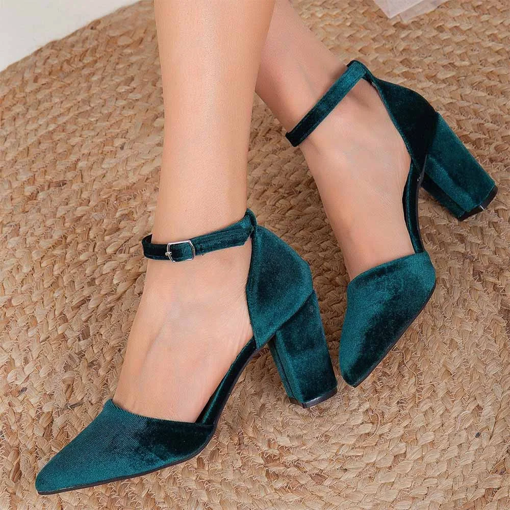 Teal Velvet Pointed Toe Ankle Strap Elegant Block Heel Pumps