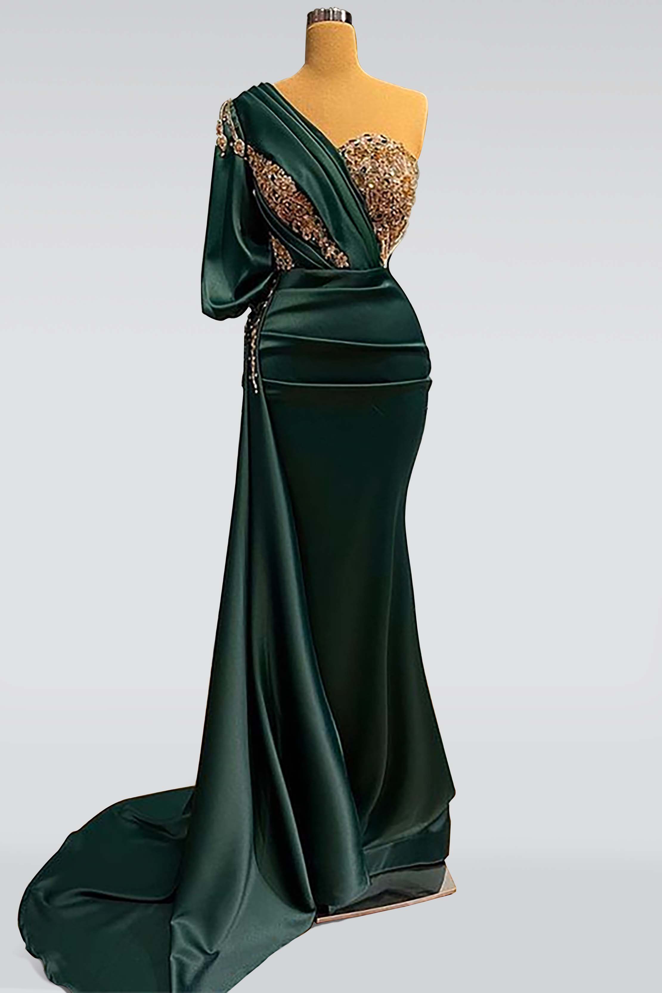  Dark Green One-Shoulder Mermaid Beads Prom Dress with Appliques ED0082