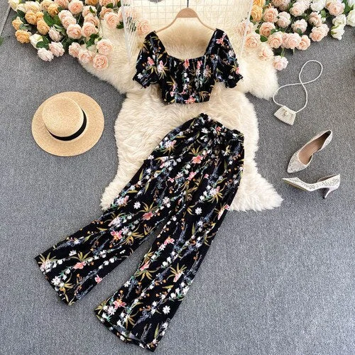 FTLZZ Summer Women Holiday Style Chiffon Printing Two Piece Set Short Shirt High Waist Wide Leg Pants Ladies Idyllic Style Sets