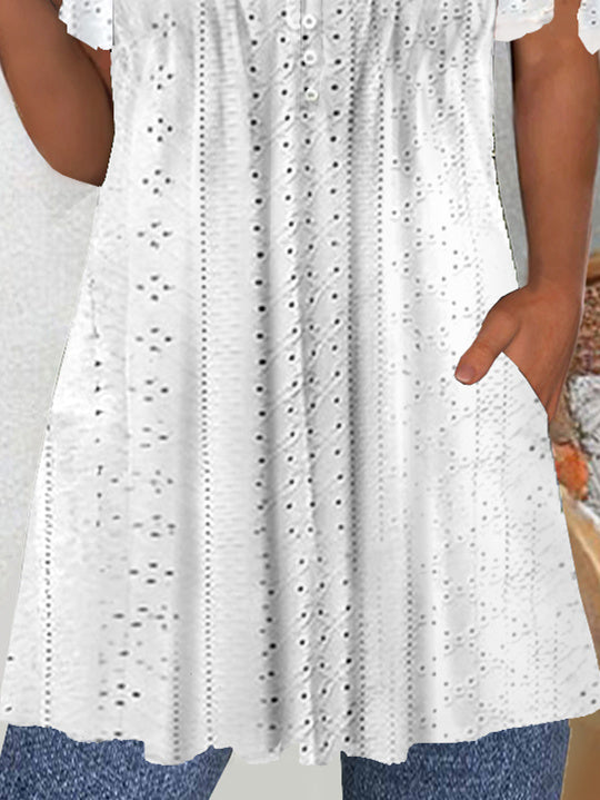 Women's Short Sleeve V-neck Solid Color Lace-up Buttons Tops