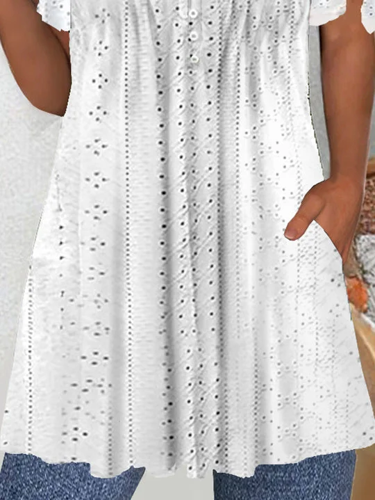 Women's Short Sleeve V-neck Solid Color Lace-up Buttons Tops