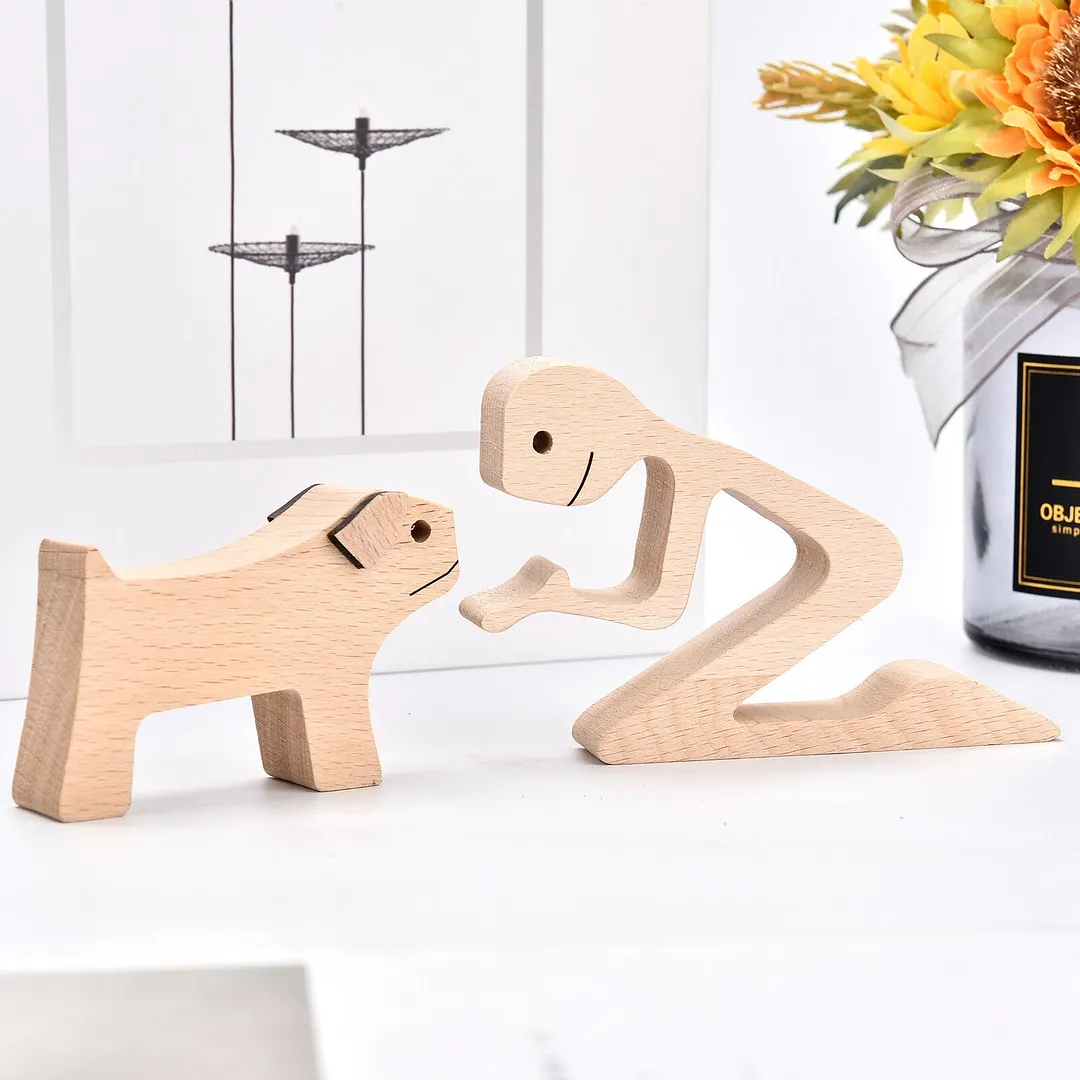 Family Puppy Wood Dog Craft Figurine Desktop Table Ornament Carving Model Creative Home Office Decoration Love Pet Dropshipping