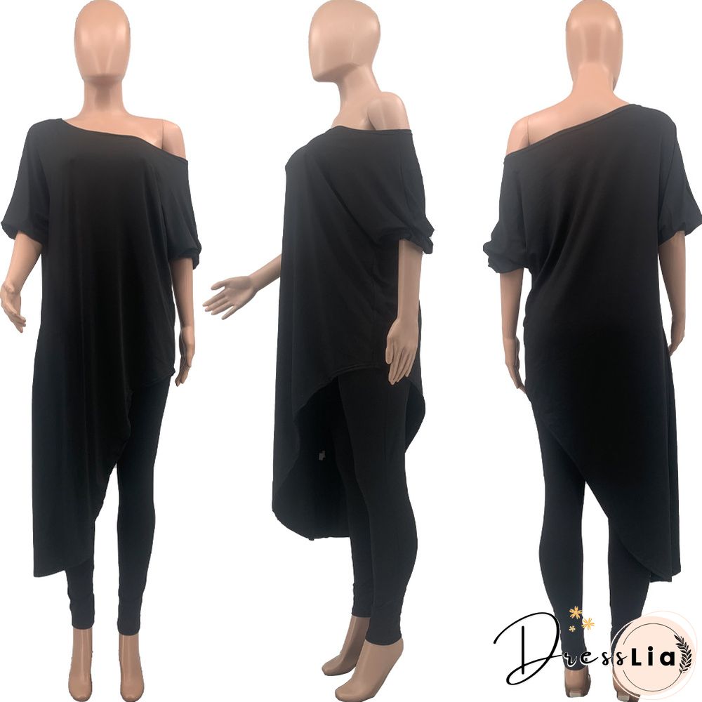 Plus Size Summer Clothes Solid Color Half Sleeve Slant Shoulder Loose Long T Shirt Top Pants 2 Piece Set