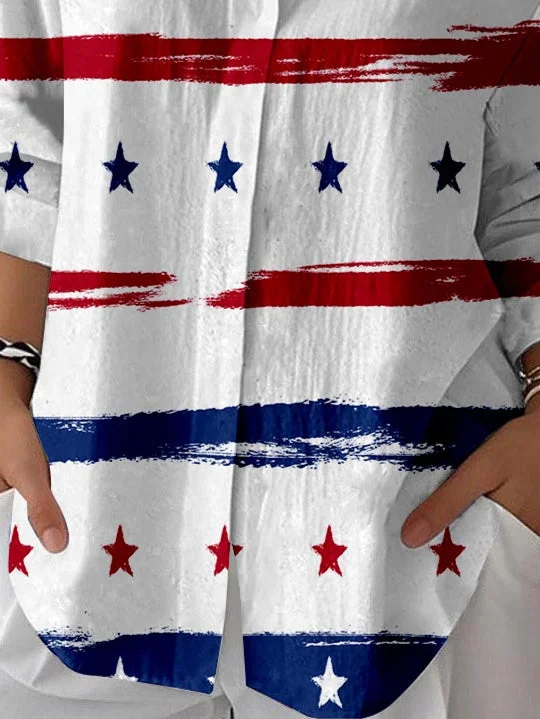 Women 3/4 Sleeve Shirt Collar National Flag Striped Printed Graphic Button Tops