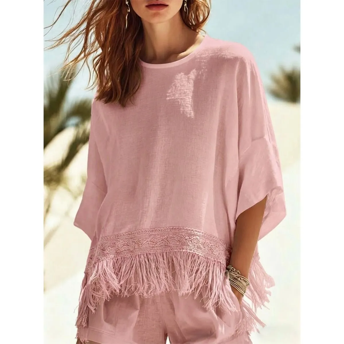 Women's Linen Fringe Hem Tunic Top