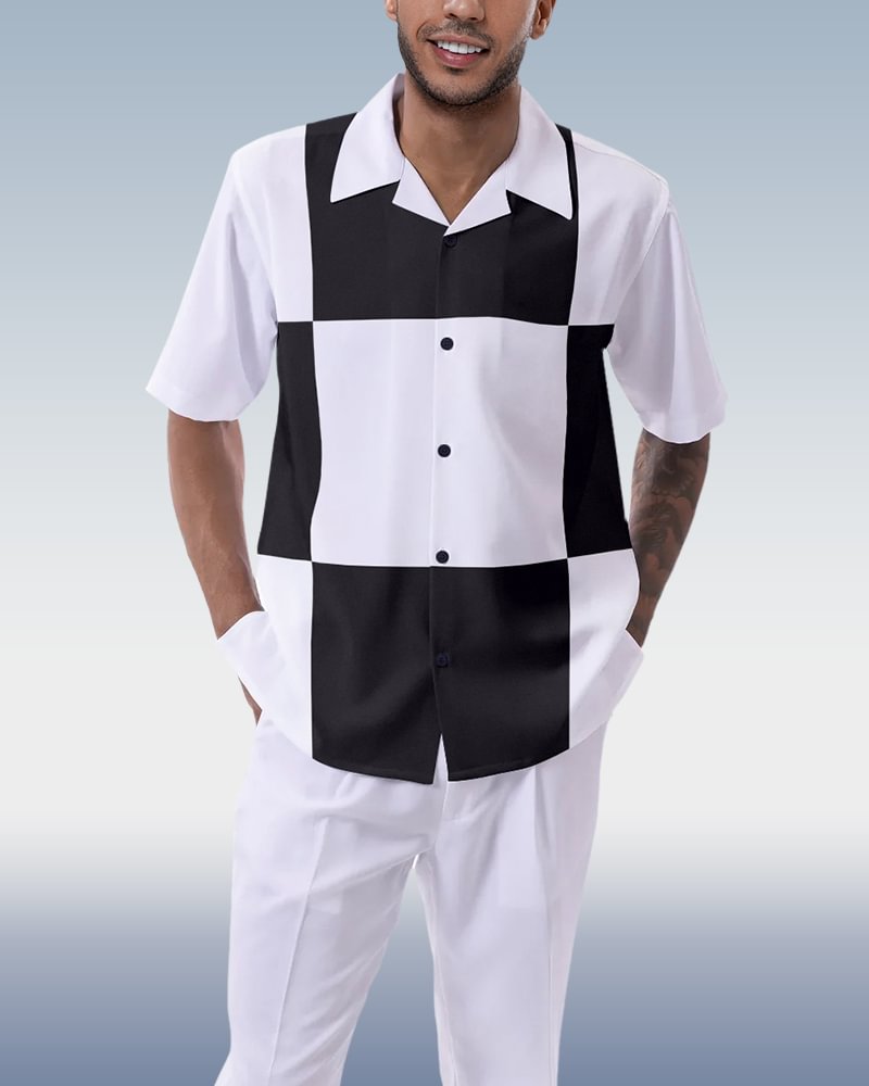 White Block Walking Suit 2-Piece Short Sleeve Suit