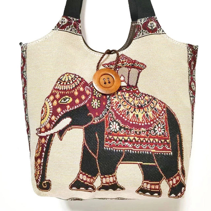 Women’s Large Canvas Elephant Ethnic Style Square Zipper Shoulder Bag