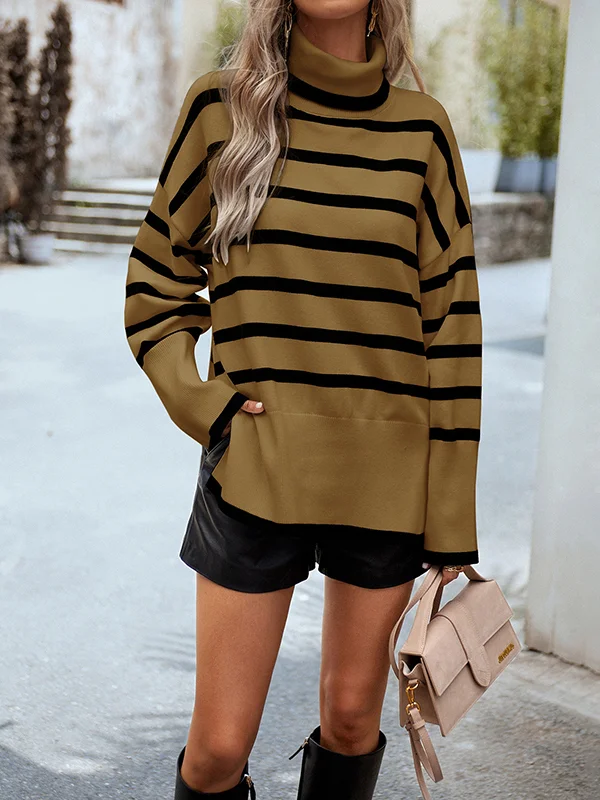 Striped Split-Side Contrast Color Loose Long Sleeves High Neck Sweater Tops Pullovers
